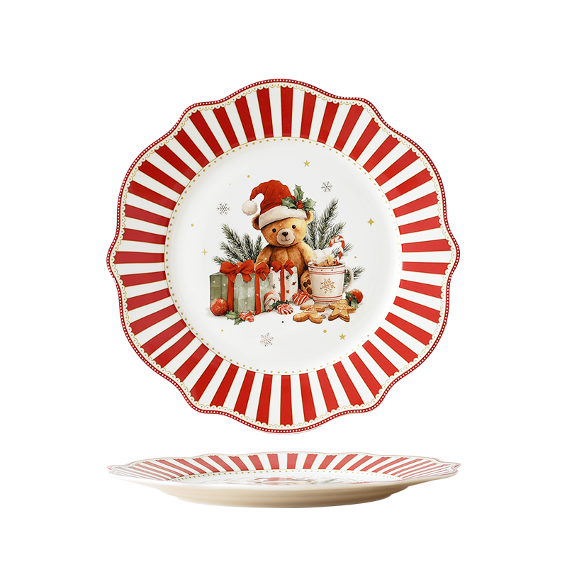Striped Bear 10.5'' dinner plate in wavy shape with decal