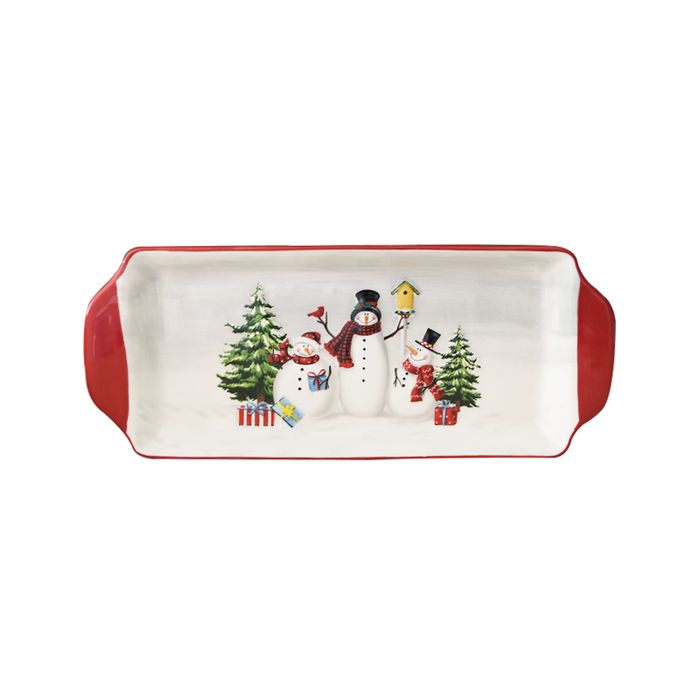 Country Snowman Red-Rim Oblong Plate